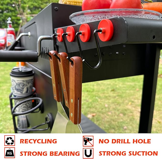 Smoker Grill Hooks, 4 Pack Heavy Duty Magnetic Mount Barbecue Hook for Hanging, Non-Slip Universal Magnetic Hooks for Grills,Accessories Storage with Spatula,Fork,Brush & BBQ Tongs(Red)