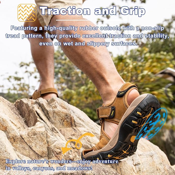 Men's Sport Sandals Closed Toe Leather Hiking Athletic Walking Outdoor Beach Trail River Fishing Water Shoes Lightweight Comfortable Waterproof