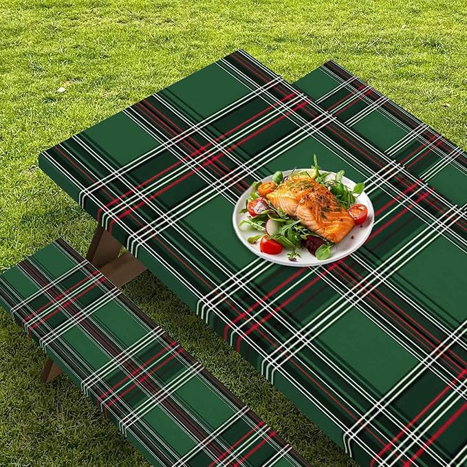 CAPSCEOLL Fitted Picnic Table Cover with Bench Covers with Elastic 6Ft Waterproof Picnic Table Cover for Outdoors Camping Tablecloth with Drawstring Bag, 72X30in, Christmas Green Buffalo Plaid