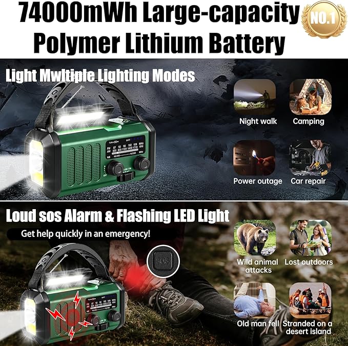 Hand Crank Emergency Radio,74000mWhSolar Powered Hand Crank Portable NOAA AM FM Weather Radio with 3Mode Flashlight and Reading Light,Cell Phone Charger,Home and Emergency Distress Signall