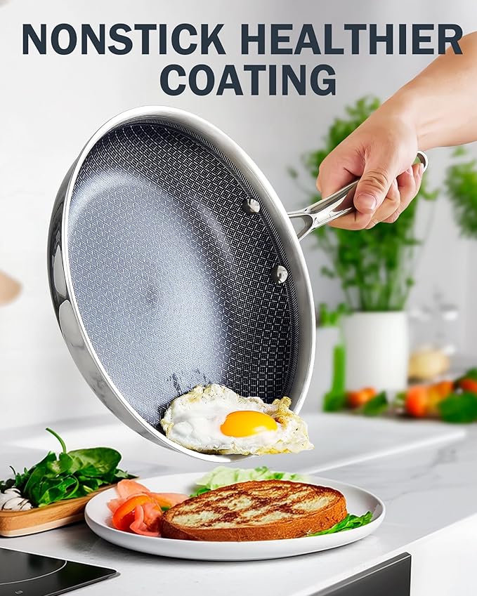 Cooks Standard Hybrid Nonstick Frying Pan Set, 8 and 10-Inch Multi-Ply Clad Stainless Steel 2 Piece Skillet with Tempered Glass Lids, Oven Safe, Compatible with All Stovetops