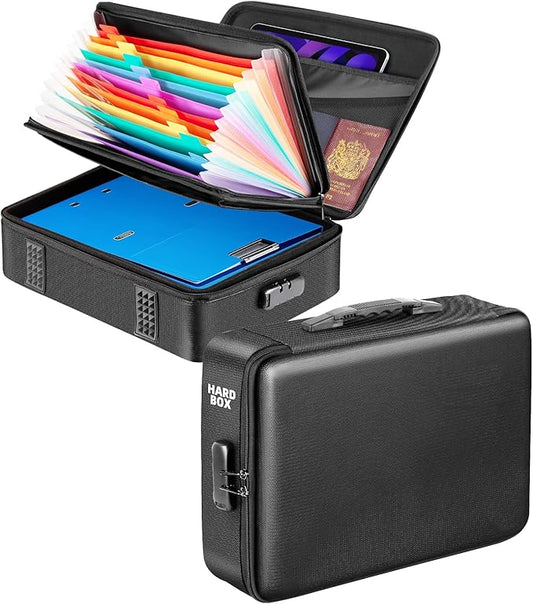 File Organizer, Hard Case Fireproof Document Box with Lock, Hard-Shell Important Document Organizer Safe Box Fireproof Waterproof, Home Office Supplies Storage and Organization (Black)