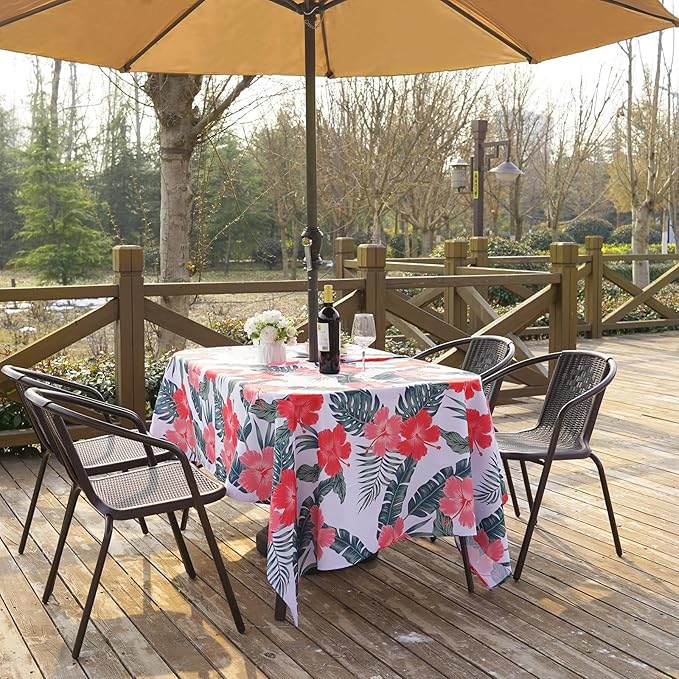 SquarePie Outdoor Indoor 60x84 inch Rectangle Tablecloth with Umbrella Hole and Zipper, Waterproof Patio Zippered Table Clothes for Spring Summer Party Picnic,Palm Leaf Red Flower