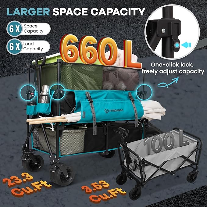 FUNDANGO Double Decker Wagon – 660L Extra High Extender Collapsible Wagons Carts Foldable Heavy Duty with Tailgate, Brakes & All-Terrain Big Wheels for Sports, Camping, Grocery Shopping, Blue