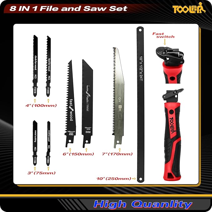 8-In-1 Multi Blades Hand Saw, Drywall Cutter. Hacksaw. Long Blade, Jab Saw, For Cutting Drywall, Sheetrock, Wood, Metel, Plastic, Plywood. Blade Quick Change Mechanism. Red Handle.