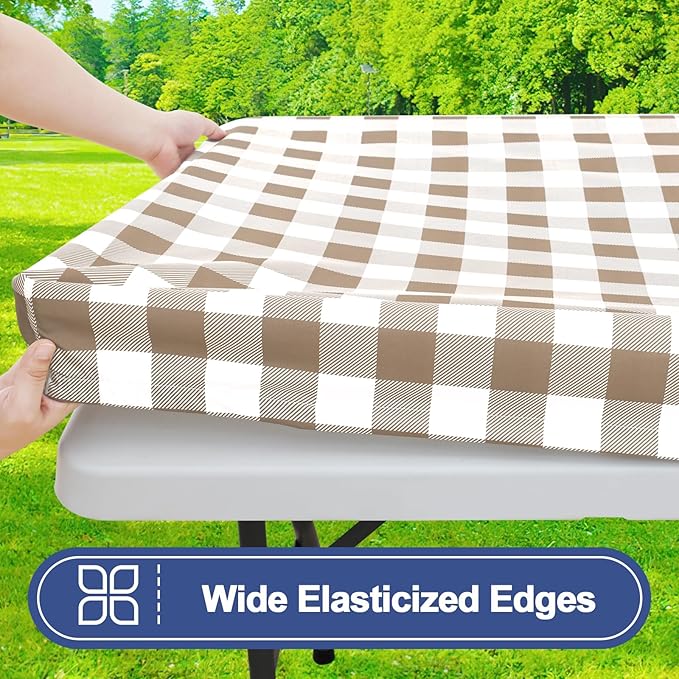 Smiry Picnic Table Cover with Bench Covers, Waterproof Elastic Fitted Tablecloths for 6 Foot Rectangle Tables, Washable Buffalo Plaid Tablecloth for Camping, Outdoor (Khaki & White, 30"x72")