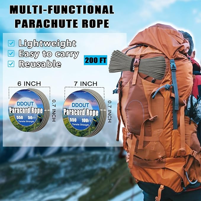 Paracord Nylon Rope Gray 100ft with 7-Strand Core, 10 Colors and 50/100/200 ft, Type III Parachute Cord 4mm for Camping, Survival, Hiking, DIY, Crafting, Outdoor Utility Rope