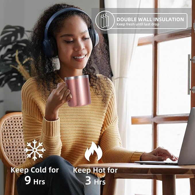 Volhoply 12oz Insulated Leakproof Coffee Mug with Flip & Straw Lid,Double Wall Vacuum Stainless Steel Travel Tumbler Cup with Handle,Reusable Camping Mugs Keep Cold/Hot(Rose Gold,1 Set)