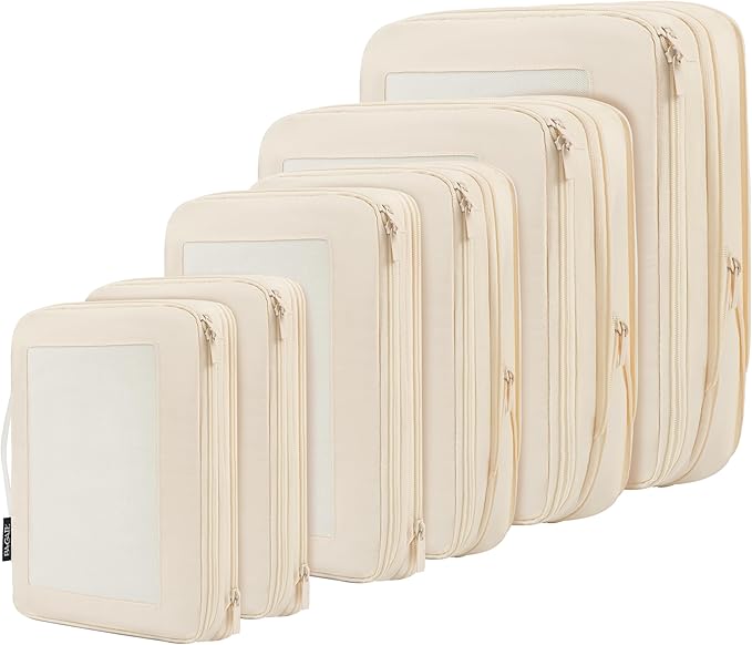 BAGAIL 4 Set/6 Set/8 Set Compression Packing Cubes Travel Accessories Expandable Packing Organizers (Square Mesh, 06-Beige)
