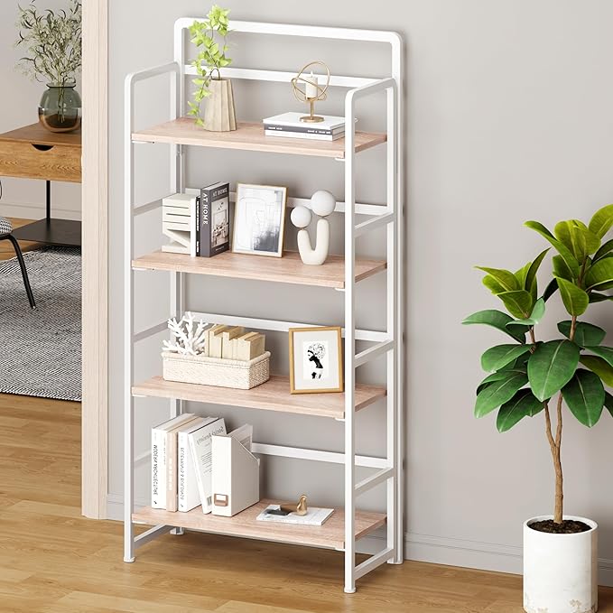 No Assembly Folding Bookshelf, 4 Tiers Collapsible Book Shelf for Home Office, Vintage Wood Foldable Bookcase Storage Organizer for Living Room Bedroom (Beige)