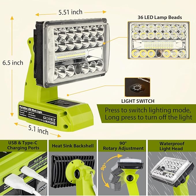 28W 2000LM Cordless LED Work Light for Ryobi One 18V Battery Portable Flood Lights for Outdoor Indoor Workshop Job Site, Floodlight & Spotlight Modes/Pivoting Head/USB Port(No Battery)