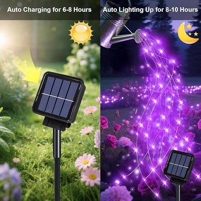 Solar Waterfall Fairy Bunch Lights Outdoor Waterproof 200LEDs 8 Modes Watering Can Light , Purple Solar Powered String Lights Firefly Vine Christmas Tree Garden Decorations Gardening Gifts For Mom