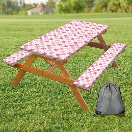 Picnic Table Cover with Bench Covers, Checkered Bownot Elastic Edges Waterproof Windproof Camping Essentials, Camping Fitted Tablecloth with Drawstring Bag, 96in, Pink White