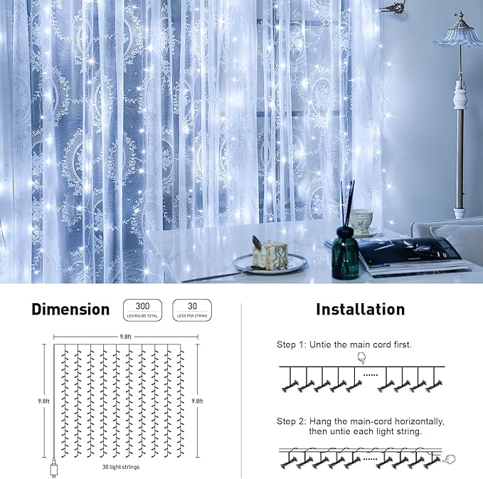JMEXSUSS 900LED Christmas Curtain Lights, 9.5x29.5ft White Indoor/Outdoor Plug-in with Remote, Window Hanging String Lights for Bedroom, Wedding, Xmas Decoration