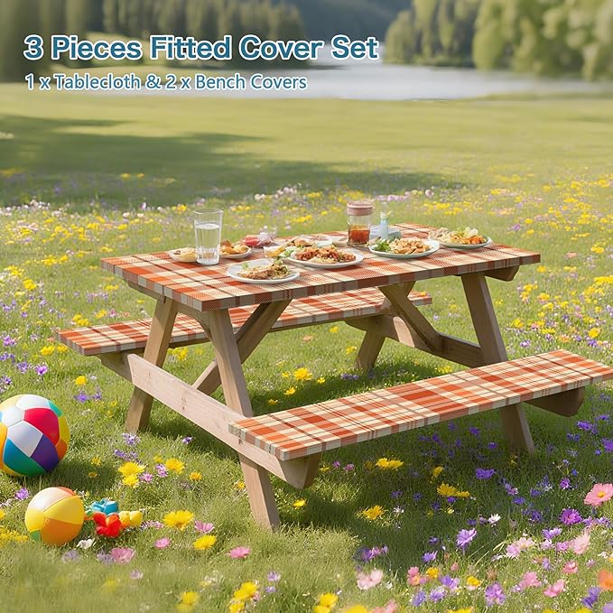 Orange Picnic Table Cover with Bench Covers, 3 Pcs Waterproof Elastic Picnic Table Cover Fall Outdoor Camping Essentials, Windproof Fitted Tablecloth for Indoor Outdoor (Plaid, 60X30 Inch)