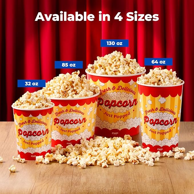 Fit Meal Prep 25 Pack Classic Paper Popcorn Buckets Disposable, 32 Oz Grease Resistant Popcorn Bowls Cups for Machine Home Theater Carnival Movie Night