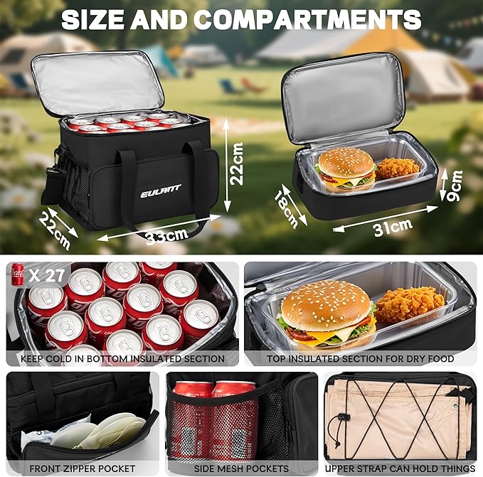 EULANT Large Waterproof Cooler Bag with Removable Lunch Bag,27 Can Collapsible Insulated Ice Chest Leak-Proof Cooler Bag for Men & Women Work Outdoor Beach Trips