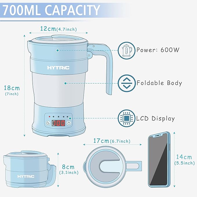 HYTRIC Travel Electric Kettle, 700ML Foldable Small Electric Kettle BPA-Free, Portable Kettle with Multifunctional Panel, Collapsible Hot Water Kettle with Keep Warm & Delay Start, 110V Blue