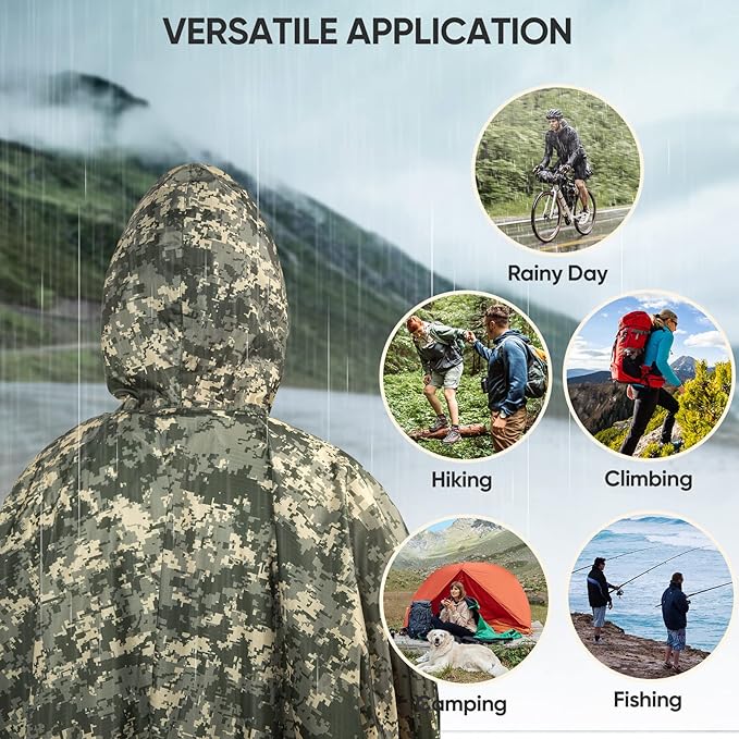 PTEROMY Hooded Rain Poncho for Adult with Pocket, Waterproof Lightweight Unisex Raincoat for Hiking Camping Emergency