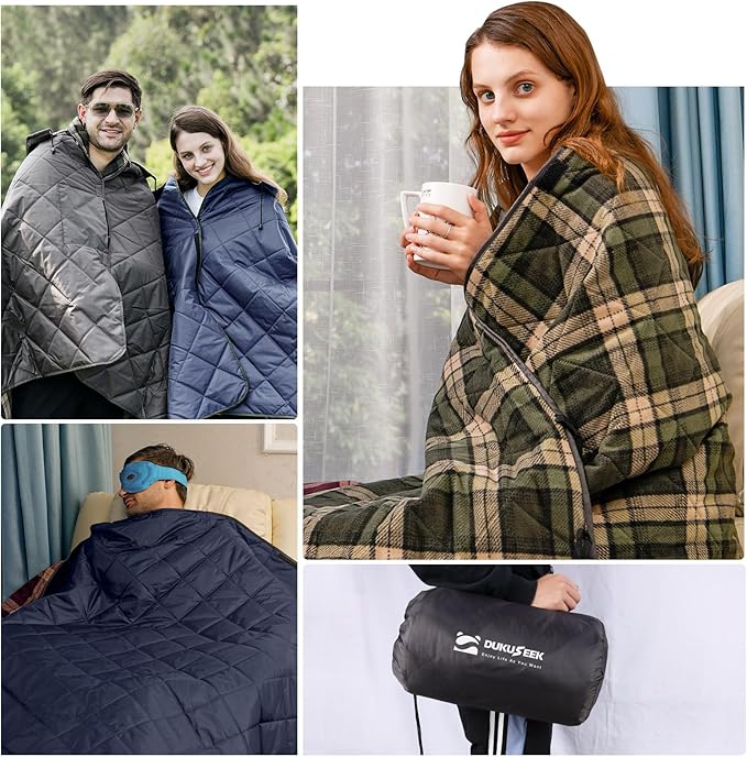 DUKUSEEK Hooded Outdoor Blanket, Extra Large 79" x 59" Waterproof Camping Blanket, Quilted, Thick Fleece, Warm, Windproof, Sand Proof, Portable and Wear-Resistant, Perfect for Stadium, Picnic…