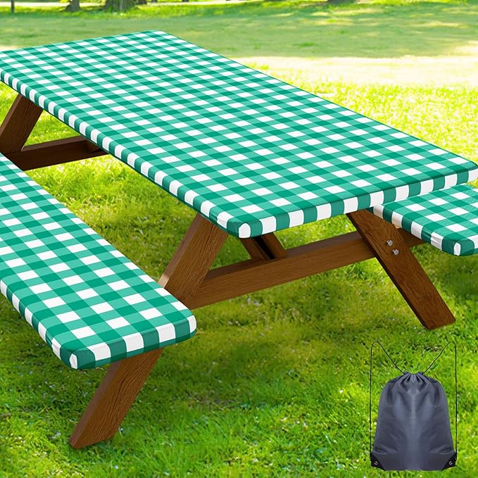 Smiry Picnic Table Cover with Bench Covers, Waterproof Elastic Fitted Tablecloths for 6 Foot Rectangle Tables, Washable Buffalo Plaid Tablecloth for Camping, Outdoor (Green & White, 30"x72")