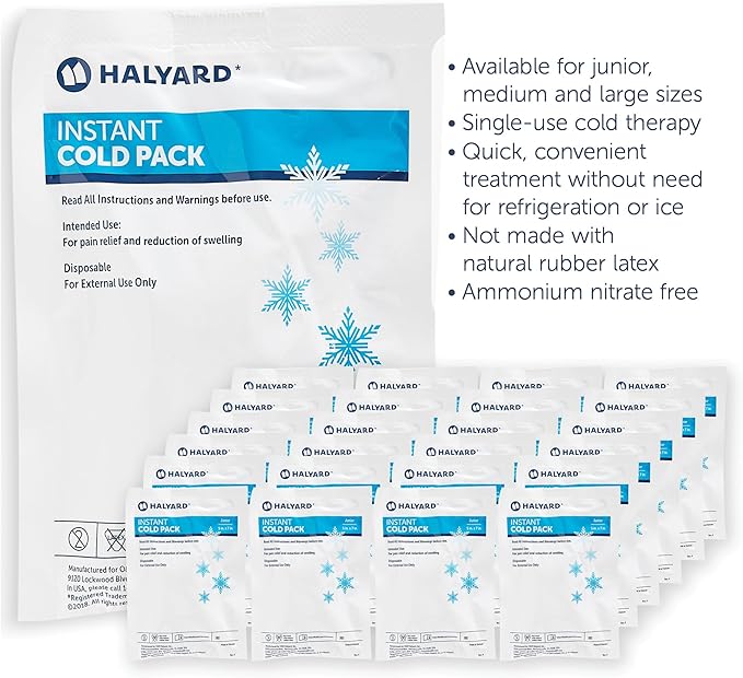 HALYARD Instant Cold Pack Disposable Cold Compress Ice Packs w/Flocking for Swelling Injuries Toothaches Sprains Strains 6 X 6.5 Inches, 24 Packs Per Case - 51778
