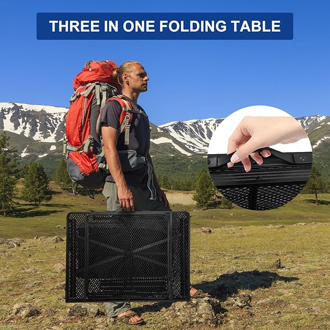 4ft Folding BBQ Table with Wing Plate, Height Adjustable Metal Table with Small Charcoal Grill, Portable Outdoor Table Removable to Two Tables (Bright Black)