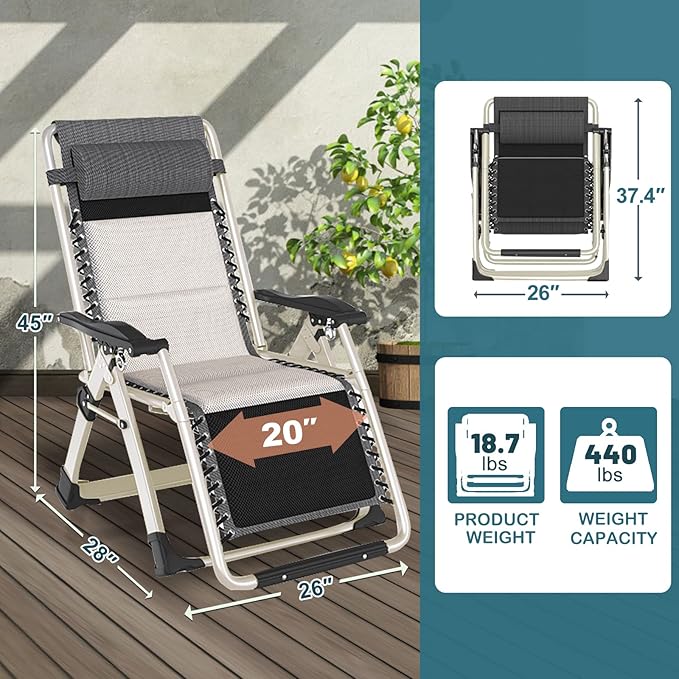 NAIZEA Padded Zero Gravity Chair, Folding Outdoor Lounge Chairs, Adjustable Reclining Camping Chairs with Cup Holder, Ergonomic Patio Lawn Chair for Balcony Beach Deck Yard