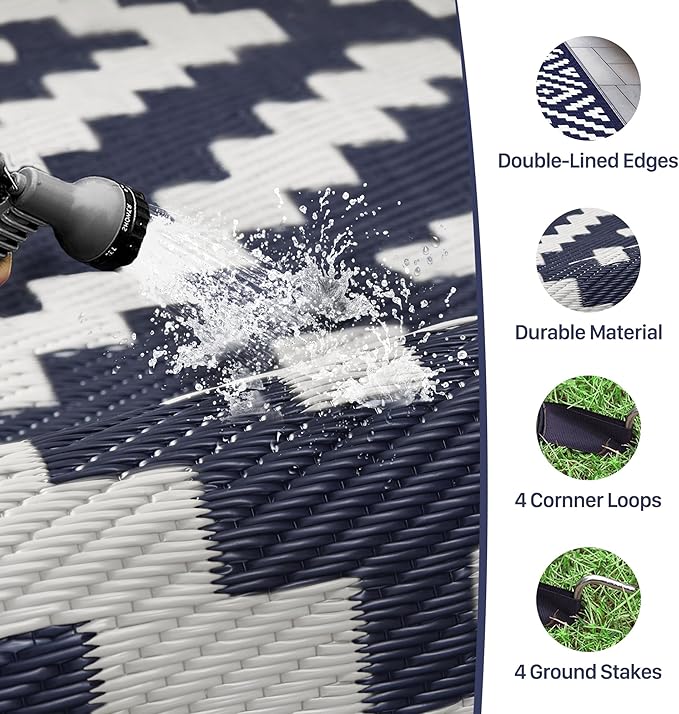 GENIMO Outdoor Rug for Patio Clearance,6'x9' Waterproof Mat,Reversible Plastic Camping Rugs,Rv,Deck,Porch,Camper,Balcony,Backyard (Navy Blue & White)