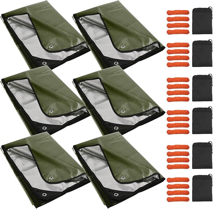 RedSwing 6 Pack Heavy Duty Waterproof Emergency Thermal Tarp, Insulated Survival Blanket for Outdoor Camping, Hiking, and Emergency Shelter, Green