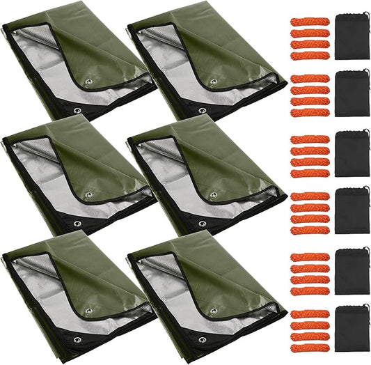 RedSwing 6 Pack Heavy Duty Waterproof Emergency Thermal Tarp, Insulated Survival Blanket for Outdoor Camping, Hiking, and Emergency Shelter, Green