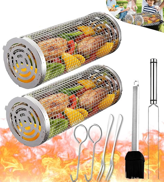Rolling Grilling Baskets for Outdoor Grill Bbq Net Tube Large Round Barbecue Cylinder Cage Mesh Must Have Essentials Gadgets Cooking Accessories for Picnic Veggies Vegetable Fish Meat, Gift for Men