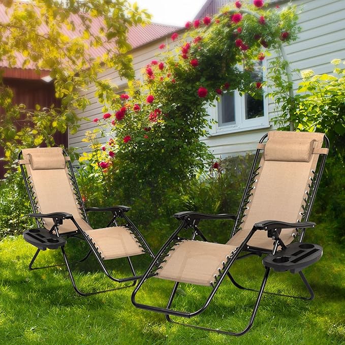 Nazhura Set of 2 Relaxing Recliners Patio Chairs Adjustable Steel Mesh Zero Gravity Lounge Chair Beach Chairs with Pillow and Cup Holder Khaki (Kahki)