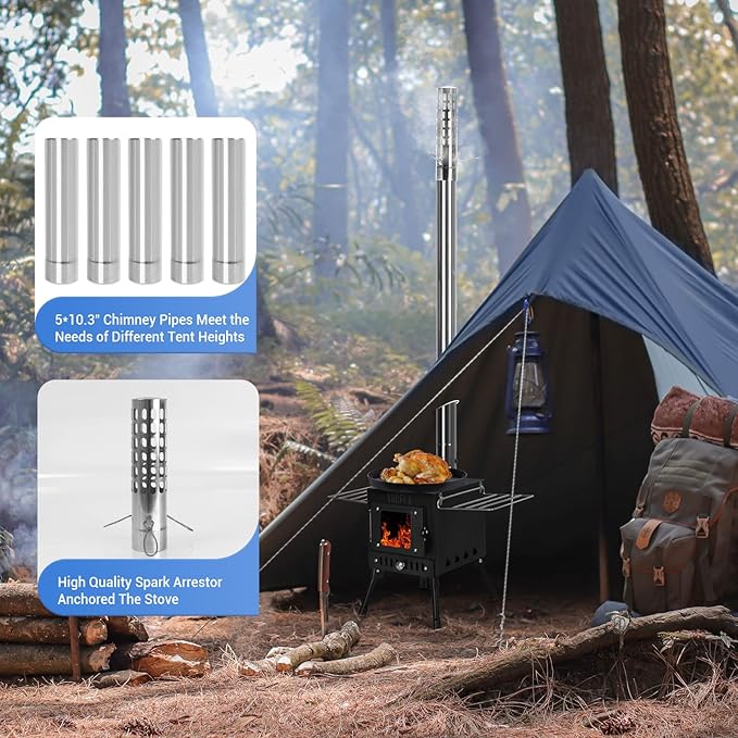 Wood Burning Stove, Wood Stove With Chimney Pipes, Small Camping Wood Stove With Anti-Spark and Adjustment Pipe for Hunting,fishing,Cooking,Heating,Drying Clothes double-layer Hot Tent Stove