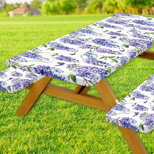 Picnic Table Cover with Bench Covers, Purple Wisteria Flower Pattern Elastic Edges, Waterproof Windproof Fitted Tablecloth, for Outdoor Camping Patio Garden, Includes Drawstring Bag, 96 in