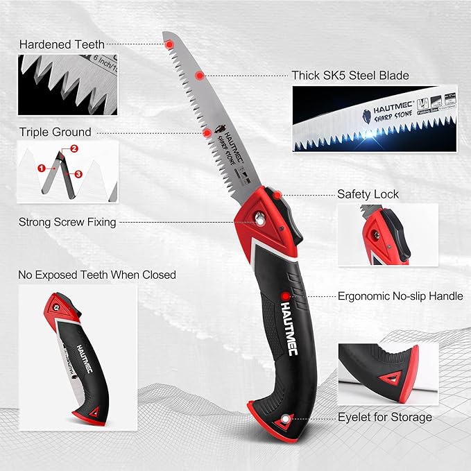 HAUTMEC 6" Folding Pruning Saw, Pro Folding Saw of Sharp Stone Serie, SK5 Foldable Blade Triple-cut Teeth, for Wood Cutting, Garden Camping, Landscaping, Tree Trimming HT0303