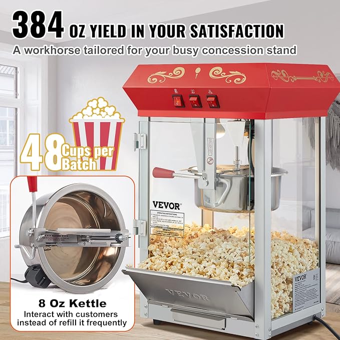 VEVOR Commercial Popcorn Machine, 8 Oz Kettle, 850 W Countertop Popcorn Maker for 48 Cups per Batch, Theater Style Popper with 3-Switch Control Steel Frame Tempered Glass Doors 2 Scoops 2 Spoons, Red