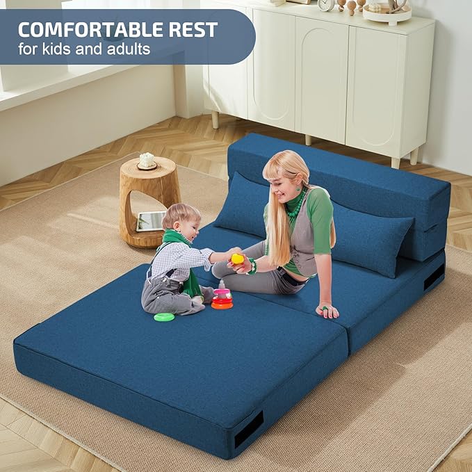 Folding Sofa Bed with Pillows- Convertible Chair Floor Couch & Sleeping Mattress, Foldable Memory Foam Sleeper for Living Room/Dorm/Guest Room/Home Office/Apartment/Loft, Twin, Navy Blue