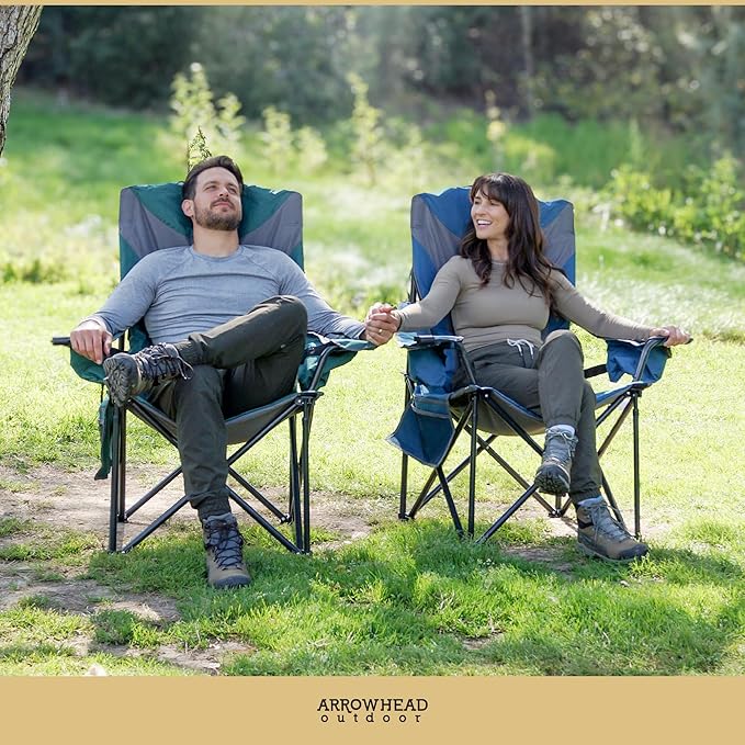 ARROWHEAD OUTDOOR XXL Folding Padded Camping Chair w/Cup & Wine Holder, Armrest Cooler, Support up to 600 lbs, Green