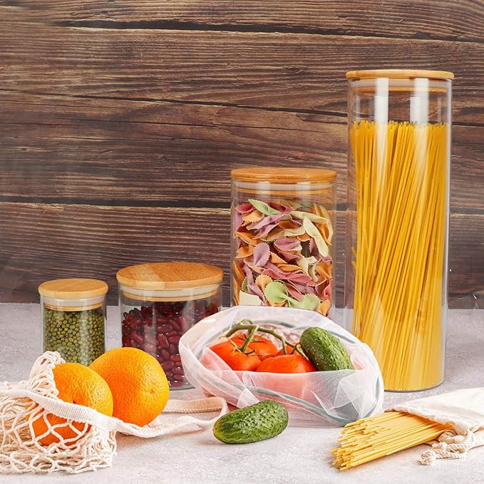 DHSBTLS 6 oz Glass Jars with Bamboo Lids, Borosilicate Glass Airtight Canisters sets, Food Storage Container, Pantry Organization and Storage Jars, Kitchen Spice Jars of 15