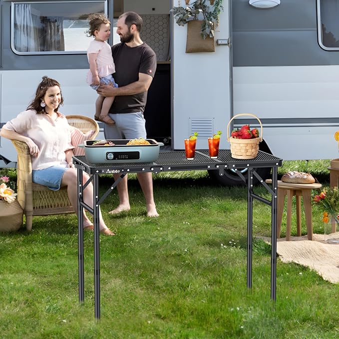 Folding Grill Table, Aluminum Camping Table Adjustable Height Max 27.5" Picnic Table Outdoor Table, Lightweight, Portable Handle for Travel Cooking BBQ Picnic, 35" x 16", Black