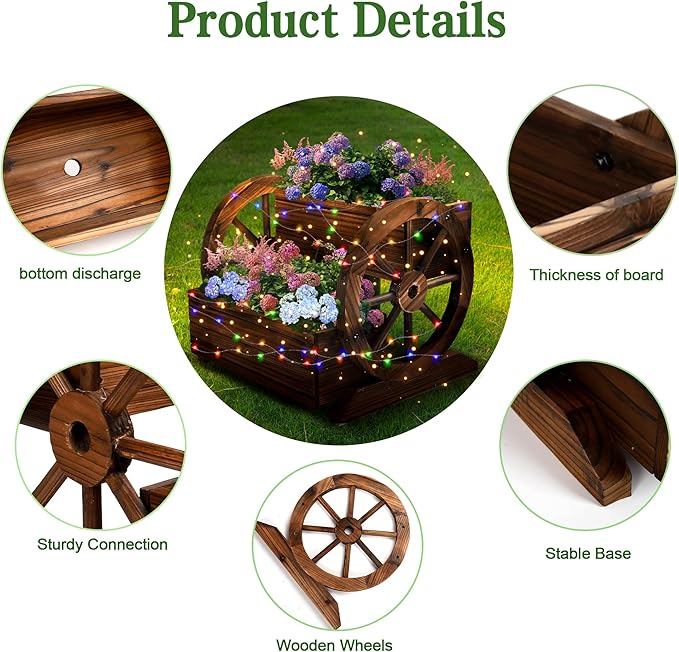 Wooden Wagon Planter Box with Solar Light, Garden Planter with Wheels,Decorative for Flowers Herbs Vegetables for Indoor & Outdoor Decor,Wooden Flower Cart for Patio Garden Balcony