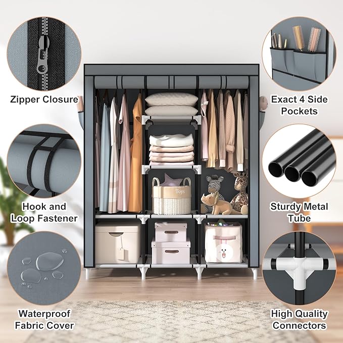 VTRIN Portable Closet Wardrobe for Hanging Clothes with 2 Hanging Rods and 8 Storage Organizer Shelves,Sturdy Large Wardrobe Closet for Bedroom Free Standing Clothes Rack with Cover,Grey