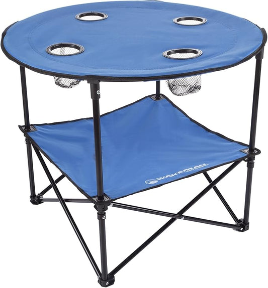 Wakeman Camp Table - Round 2-Tier Folding Table with 4 Cupholders and Carrying Bag - for Camping, Beach, Picnic, Sporting Events, and More Outdoors,Blue