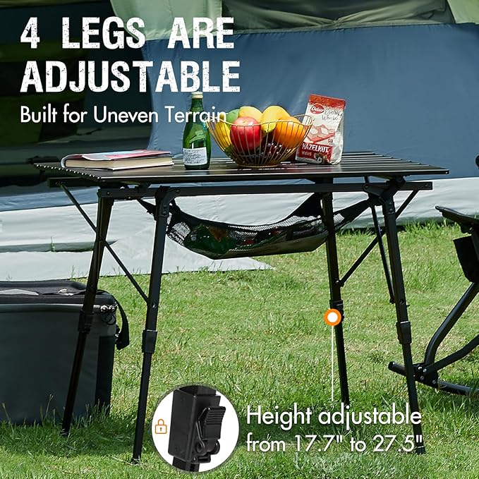 PORTAL Camping Table Foldable Portable with Adjustable Legs, Aluminum Folding Table Roll Up Table with Carrying Bag for Outdoor, Beach, Picnic, Backyards, BBQ and Party, Black