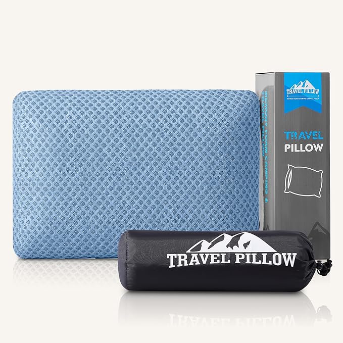 Travel Pillow Memory Foam Pillows, Camping Pillow-Compressible Medium Firm, Breathable Cover, Ideal Backpacking Hiking, Bed Pillows, Airplane and Car (Blue, S)