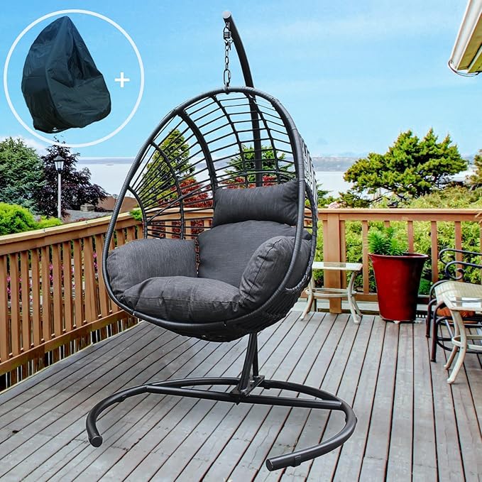 JOYBASE Hanging Egg Chair with Stand, Outdoor Wicker Rattan Egg Swing Chair with Stand and Cushion for Indoor Outdoor Bedroom Patio Garden (Grey/Black)