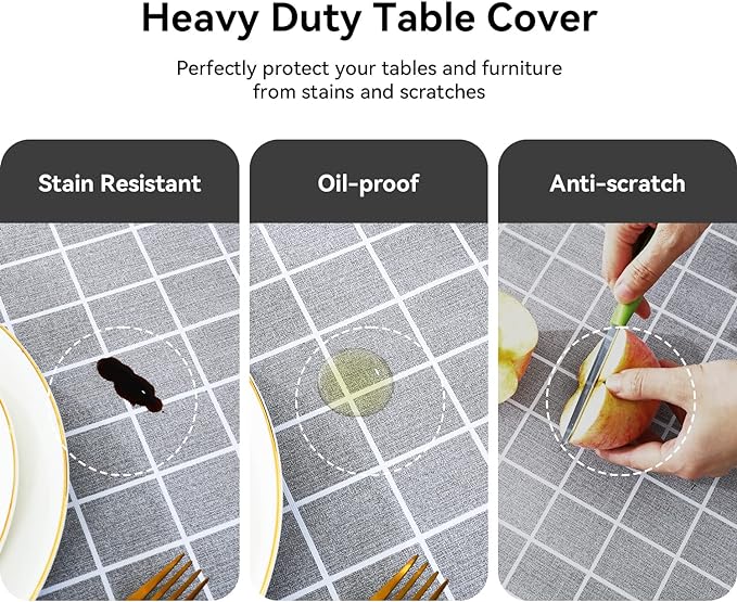 Romanstile Rectangle Plastic Tablecloth, 100% Waterproof Oil-Proof Checkered PVC Table Cloths, Heavy Duty Vinyl Table Covers for Dining, Camping, Picnic, Outdoor - 60 x 84 Inch, Grey