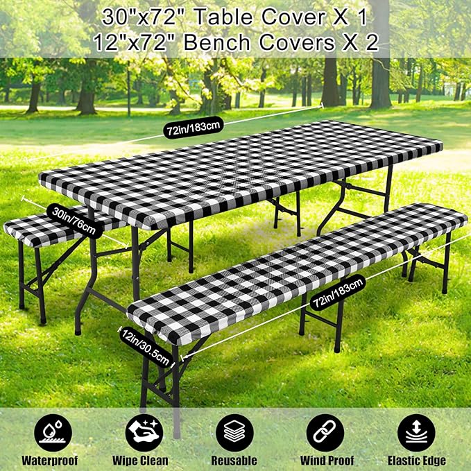 Smiry Picnic Table Cover with Bench Covers, Waterproof Elastic Fitted Tablecloths for 6 Foot Rectangle Tables, Washable Buffalo Plaid Tablecloth for Camping, Outdoor (Black & White, 30"x72")