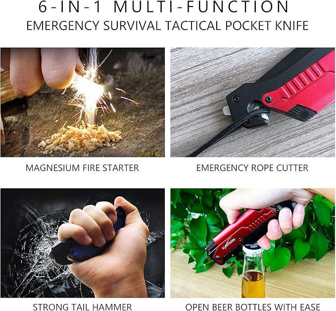 ALBATROSS 6-in-1 Survival Tactical Military Folding Pocket Knives with LED Light,Rope Cutter,Glass Breaker,Magnesium Fire Starter,Bottle Opener;Multi-Function Emergency Tool(Red)